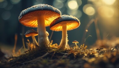 Naklejka premium Ethereal Glow: A Breathtaking Close-Up of Glowing Psilocybe Mushrooms