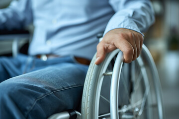 Close-up of hand on wheelchair wheel. shot of a person's hand navigating a wheelchair, highlighting accessibility and mobility in a subtle, dignified manner