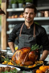 Fototapeta premium Thanksgiving cook in a festive mood presents a freshly roasted turkey against a kitchen backdrop.
