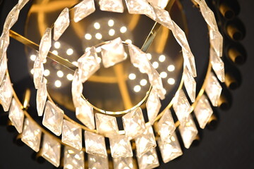golden Chandelier glass decoration. Chandelier in night. Stage decoration. Interior design. 
