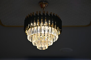 chandelier on the ceiling. Chandelier decoration. Chandelier in night. Stage decoration. Interior design