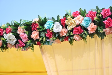 romantic floral wedding stage bouquet of flowers stage decoration. wedding floral stage design. indian asian wedding. elegant wedding design