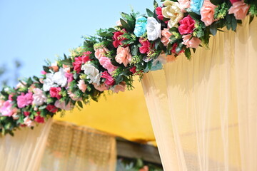 elegant wedding stage decorations of bouquet of flowers. romantic floral stage. 