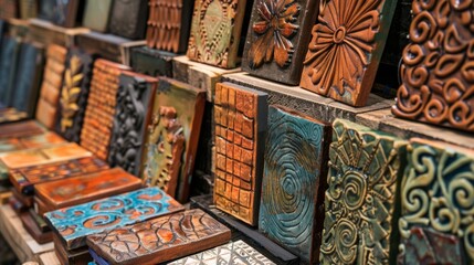 An array of unique clay tiles on display at an art fair each one showcasing the artists personal style and creative vision..