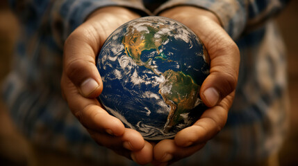 In a close-up, a pair of hands offers a detailed miniature Earth, suggesting themes of offering and responsibility