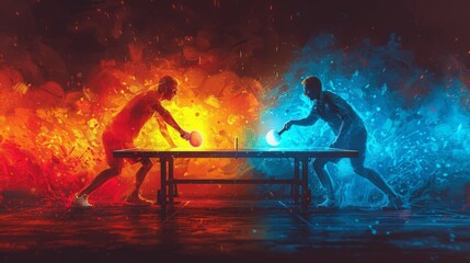 Vector graphic of a ping-pong championship poster, showcasing two skilled players facing off in a high-stakes match. Vibrant colors and sharp edges create a sense of urgency and excitement - Powered by Adobe