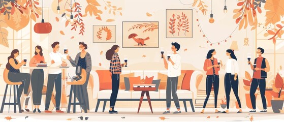 Fototapeta premium Thanksgiving family gathering in a cozy living room, grandparents toasting, fall decorations in background.