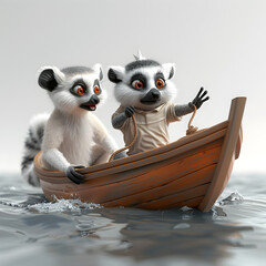 A 3D animated cartoon render of a helpful lemur saving a sailor from peril.