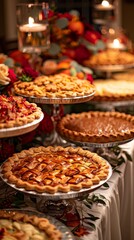 Fototapeta premium Thanksgiving dessert display showcasing an assortment of pies and cakes, warmly lit with close-up details.