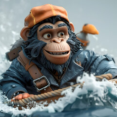 A 3D animated cartoon render of a helpful primate assisting a shipwrecked seaman.