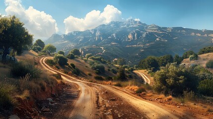 Naklejka premium A dirt road with curves, up and downs, that's ending on the top of the mountain. Generative AI.