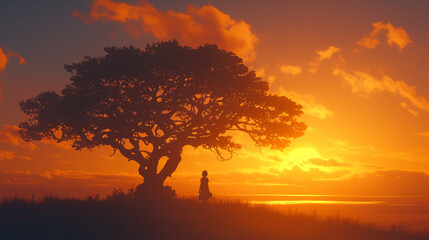 Woman is standing in front of a tree in a field