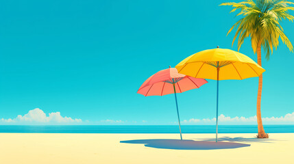 Two umbrellas on beach, sky is blue and the ocean is calm