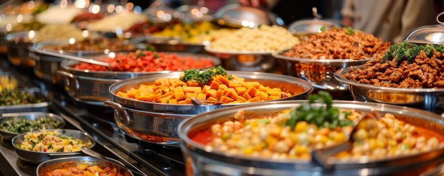 Thanksgiving potluck at a community hall featured long tables with diverse dishes, bustling and vibrant with color.