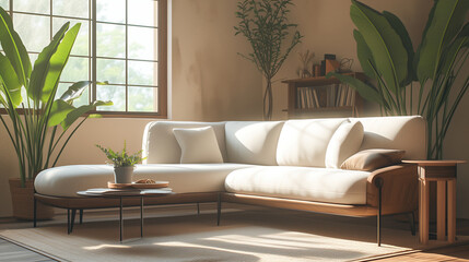 living room with a white couch and a potted plant