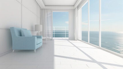 white room with a blue chair and a potted plant and ocean view