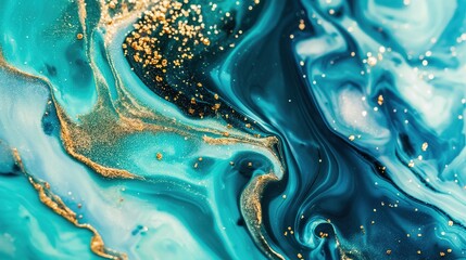 Close-up background of a glitter epoxy texture liquid surface with flowing gold and blue colors. The surface appears to be agitated, with small bubbles and sparkles in the mix