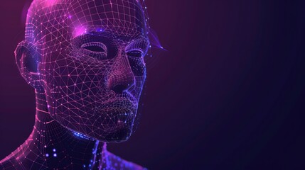 A futuristic illustration of a cyborg man with AI capabilities, showcasing biometric scanning technology and 3D scanning capabilities in a polygon vector wireframe concept.