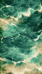 Emerald Green Watercolor Texture,  Oceanic Geometric Pattern - obrazy, fototapety, plakaty