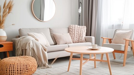 A interior decor of scandinavian style living room with a couch, coffee table, chair, mirror, and rug