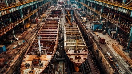 Fototapeta premium A high-angle shot capturing workers and machinery bustling around a shipyard, symbolizing productivity and progress in maritime construction.