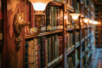 Library corner where Italian wall sconces harmonize with rows of books, accentuating architectural beauty.