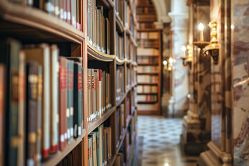 Obraz premium Harmonious Italian wall sconces in a library setting, highlighting the rows of books and architectural features.