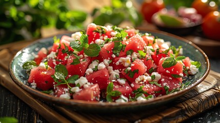 A bowl of watermelon salad with feta cheese and mint.