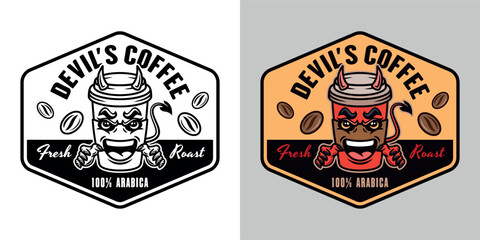 Devil coffee paper cup mascot vector emblem, badge, label or print design in two styles, black on white and colorful