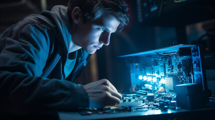 A person working on a computer in a business setting with technology and finance concepts