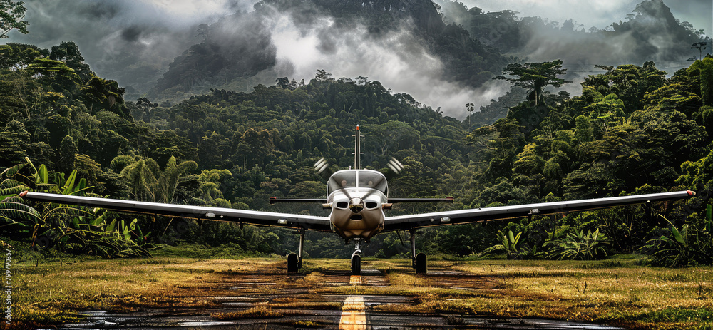 Poster A small plane on an empty grass runway in the jungle. Generative AI.