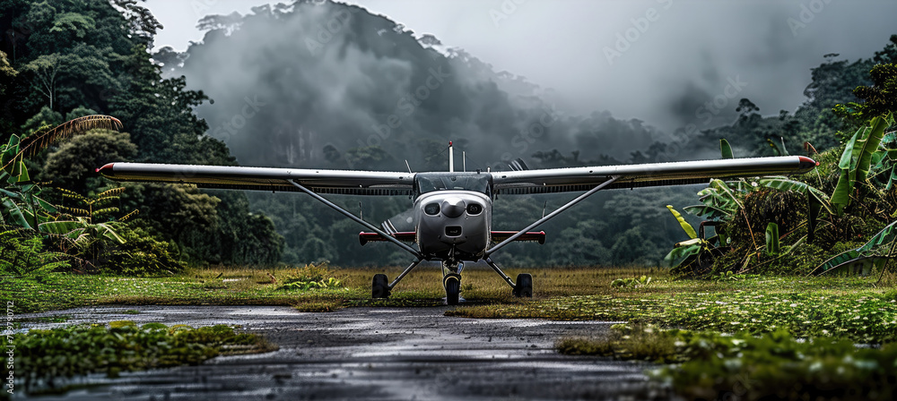 Poster A small plane on an empty grass runway in the jungle. Generative AI.