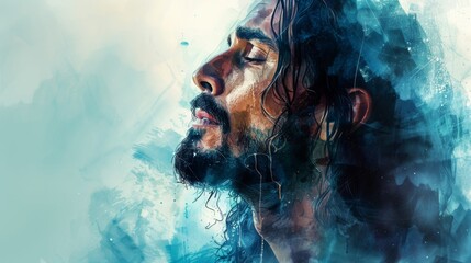 Vector depiction of Jesus Christ in worship, against a soothing teal watercolor background. Room for adding text or additional design elements.