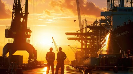 An atmospheric image capturing the back view of two dock workers in the foreground of a shipyard, with towering cranes and bustling maritime activity providing a dynamic backdrop to the scene.