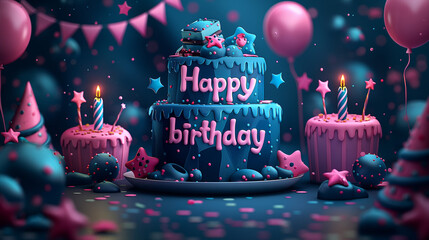 Birthday cake vector background design.Happy birthday greeting text with yummy cake element decoration for kids party occasion. - obrazy, fototapety, plakaty