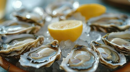 Close-up of Fresh oysters on the half shell, garnished with lemon. Generative AI.
