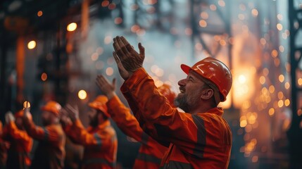 An atmospheric photo capturing the jubilant expressions of mechanical engineers at a heavy industrial site, as they celebrate a job well done with enthusiastic clapping and congratulatory gestures. 