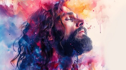 Vibrant vector artwork featuring Jesus Christ in worship, with a dynamic watercolor background. The...