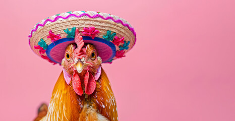a cute chicken cockrel dressed in mexican sombrero hat and clothing studio shot