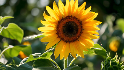 Close-up of a sun-drenched sunflower standing tall, its vibrant petals reaching eagerly towards the sky - obrazy, fototapety, plakaty