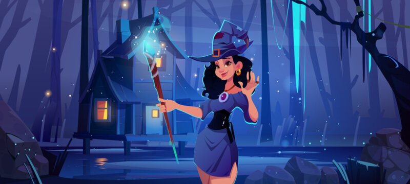 Magic witch and house at night Halloween landscape. Spooky forest with cute woman character in costume. Fantasy magician game background. Illustration with wizard hut and wicked young girl in dress