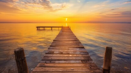 Obraz premium An old wooden dock stretches into the calm waters of the lake, bathed in the warm hues of a sunset. 