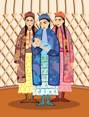 Vector image of three young women with a newborn baby in a Kazakh national costume on a landscape background