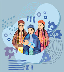 Vector image of three young women with a newborn baby in a Kazakh national costume on a landscape background