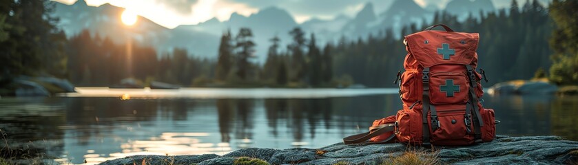 A red backpack sits on the shore of a lake in the mountains - obrazy, fototapety, plakaty