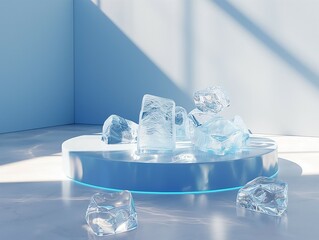 Podium mockup, product display podium, ice cube background, 3d render