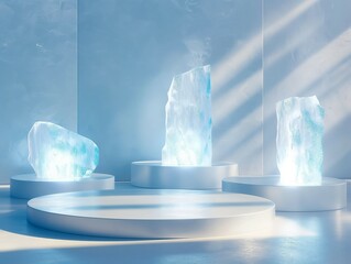 Podium mockup, product display podium, ice cube background, 3d render - obrazy, fototapety, plakaty
