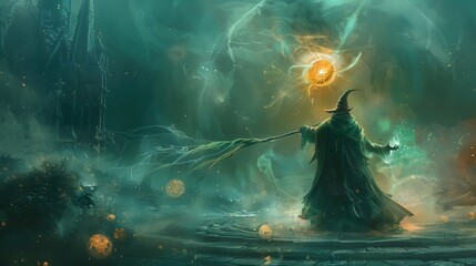 Mystical Sorcerer Casting Spells in a Ruined Citadel with Ethereal Energy Orbs - obrazy, fototapety, plakaty