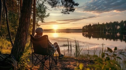 Camping by the tranquil waters: A man sits in a camping chair by the forest lake, the serene summer evening providing a moment of tranquility and reflection. 