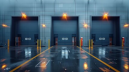 Modern Warehouse Gates in Rainy Twilight - obrazy, fototapety, plakaty